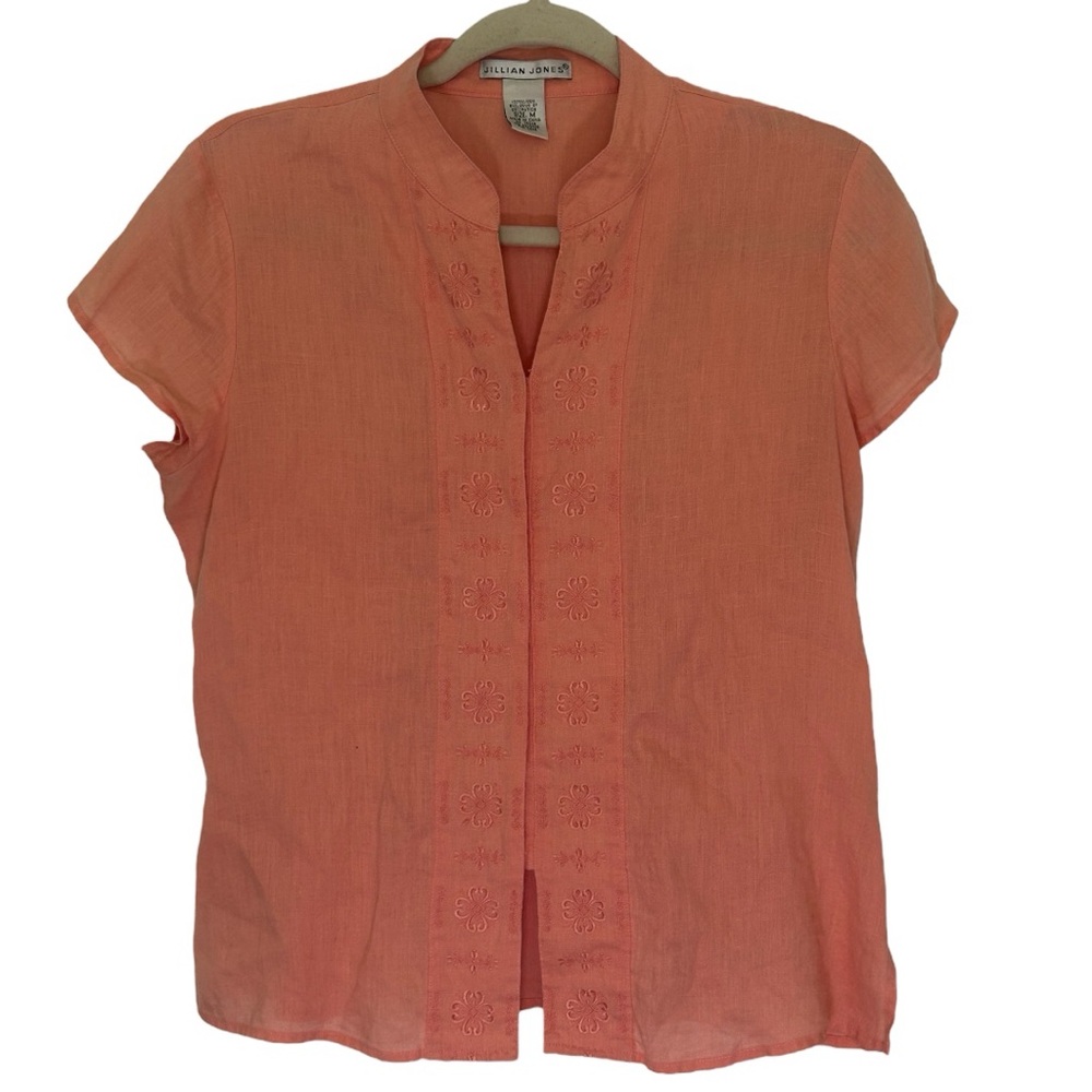 Jillian Jones Women’s Peach Short Sleeve Linen Button Down Embroidered Top Sz M